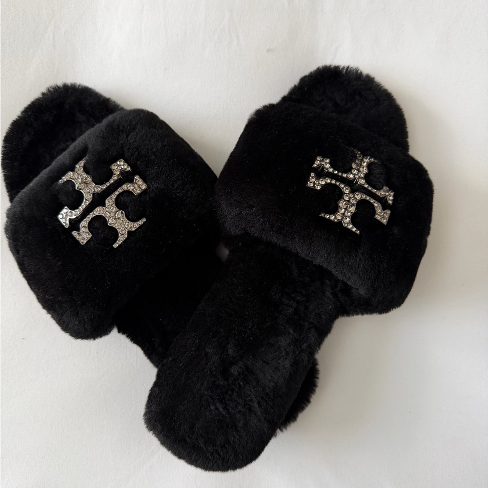 Tory Burch Black Furry Slippers with silver & rhinestones